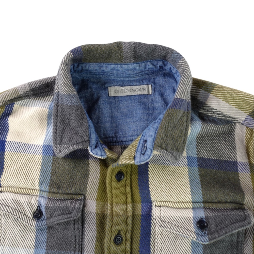 Outerknown Blanket Shirt Men Medium Green Blue Plaid Organic Cotton Heavyweight